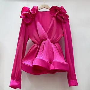 Primavera New Flower camicia elegante donna Retro scollo a v Design Sexy camicette pieghettate a pieghe Top camicia in Chiffon femminile