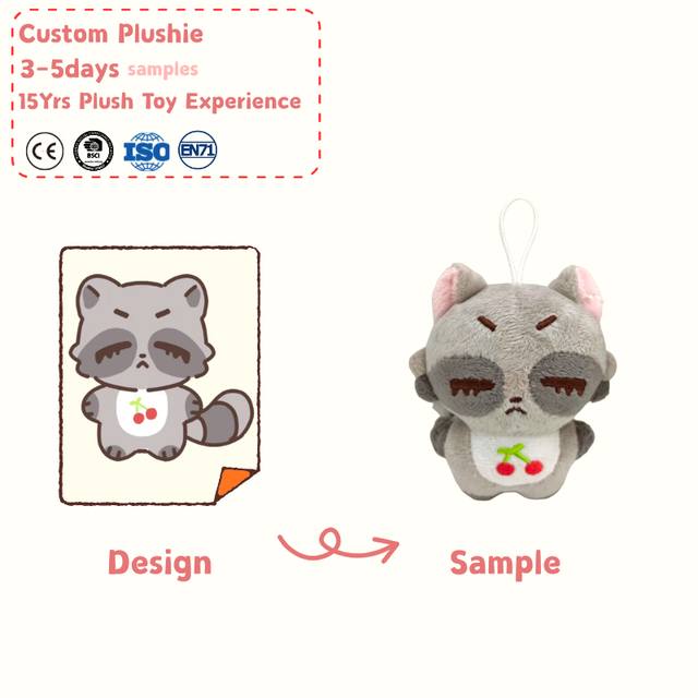 Grumpy Raccoon Plush Charm Custom Keychain Custom Kawaii Mini Soft Stuffed Animal Toy  With Cherry Embroidery