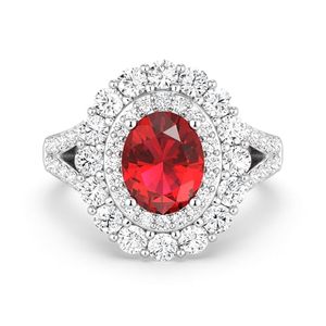 Bague vintage en or blanc 14 carats avec rubis rouge vif taille ovale personnalisée, halo floral double couche de diamants et sangle pavée de diamants - Product Image 1