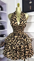 Robe de club décontractée sans manches à col en V, imprimé léopard, dos nu, plissée, coupe trapèze, mini, taille haute, en tissu tissé Spandex/Polyester