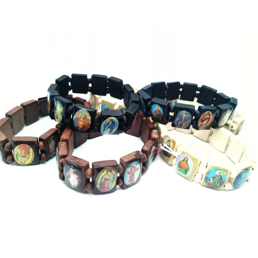 Elastic Stretchable Wooden Small Panel Bracelet with Christian Wood Made Designs
