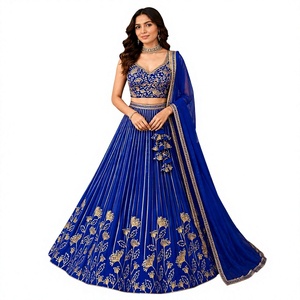 <b>Women</b> Traditional Coral Embroidered <b>Lehenga</b> Set With Silver Hem For Wedding India Pakistan Style - Product Image 1