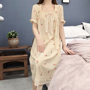 Ensemble pyjama d'été en coton respirant imprimé pour femme, nuisette mignonne tricotée, taille élastique douce, longueur genou, manches courtes, tenue d'intérieur - Product Image 3