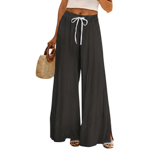 Pantalon décontracté pour femme, taille haute, jambe large, en PU, motif floral, respirant, ample, longueur intégrale, avec cordon de serrage, pour l'automne, bleu - Product Image 3