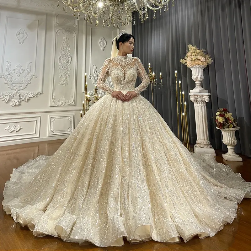 Am1036 vestidos de casamento simples, vestido de noiva de luxo com franja brilhante, gola alta, vestidos de casamento 2022