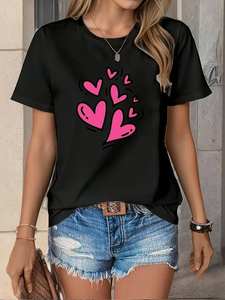T-shirt casual da donna con scollo rotondo e stampa a cuore, maniche corte, tessuto traspirante, vestibilità regolare per ogni stagione - Product Image 3