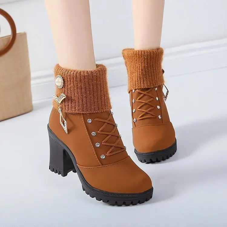 Autumn and Winter New Women's Thick Heel Martin Boots Lace up Rhinestone Wool Shoes Warm Boots X90