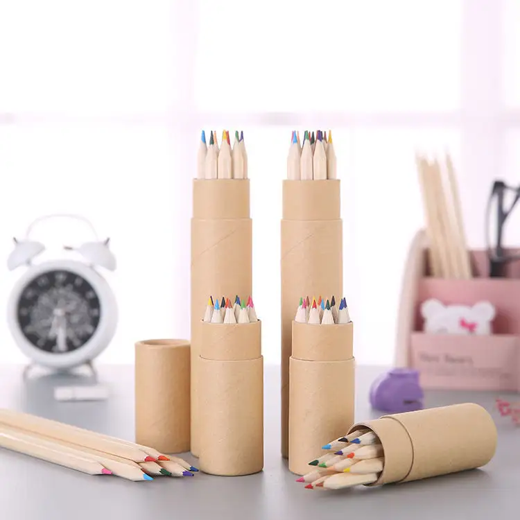 Juego de 12 piezas de tubo de papel Kraft, conjunto de lápices de colores con logotipo personalizado, lápiz redondo de color de impresión, lápices de madera