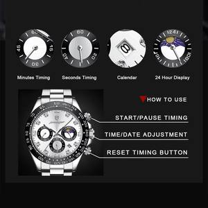 นาฬิกาข้อมือสแตนเลสสำหรับผู้ชาย, นาฬิกาควอทซ์สแตนเลสกันน้ำส่องสว่างนาฬิกาโครโนกราฟสำหรับผู้ชาย - Product Image 3
