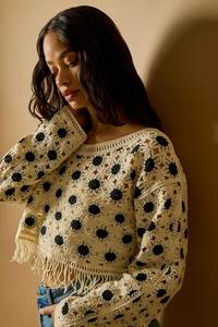 Women's Casual <strong>Cropped</strong> Long Sleeve Crewneck Soft Pullover Sweater Top Solid Color Stone Dusk with <strong>Crochet</strong> Tassel Hem <strong>Jumper</strong> - Product Image 5