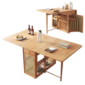 现代简约厨房木质移动餐桌小抽屉藤条储物配套4把可折叠餐桌套装