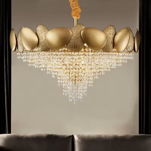 Lustre en cristal de style moderne en forme de fleur, ovale, doré, luminaire suspendu de luxe, montage au plafond - Product Image 4