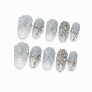 Uñas Postizas de Acrílico con Efecto Ojo de Gato y Mariposa, Transparentes, con Pedrería 3D, Cobertura Total, para Dedos - Product Image 3