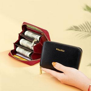 Vendita calda <span class=keywords><strong>Portacarte</strong></span> da <span class=keywords><strong>donna</strong></span> Casual in pelle nera bordeaux <span class=keywords><strong>con</strong></span> cerniera corta porta carte RFID caratteristica pochette <span class=keywords><strong>portamonete</strong></span> <span class=keywords><strong>con</strong></span> cinturino da polso - Product Image 6