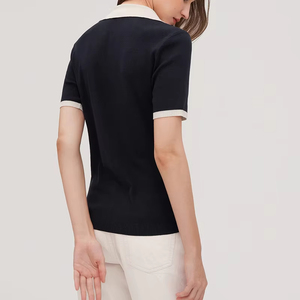 Fabricante de prendas de punto logotipo personalizado algodón seda punto bloque de color cuello vuelto manga corta Polo camiseta suéter para <span class=keywords><strong>mujer</strong></span> - Product Image 5