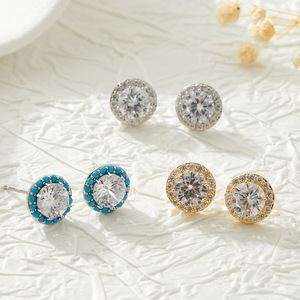 Round Zirconia <b>Stud</b> <b>Earrings</b> With <b>Turquoise</b> And Gold Plating S925 Silver Needle Party Fashion Jewelry - Product Image 1
