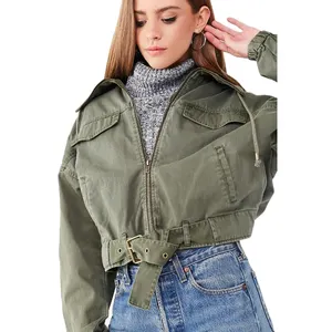 Vendita all'ingrosso nero freddo giacche di jeans-Fresco 2020 delle donne Giacca di Jeans Risvolto Army Verde Nero di Autunno Casuale Giacca Corta Con La Cinghia