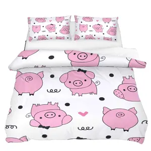 Kids Cartoon Pink Piggy King Queen Duvet Cover Bedding Set Farm Animal Quilt Cover Soft Polyester Comforter Cover Lovely Pet Pig