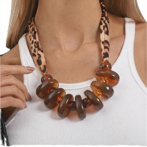 Bohemian <b>Statement</b> Resin Link Chain <b>Necklace</b> for Women Geometric Silk Scarf Adjustable Handmade Trendy Wedding Jewelry - Product Image 2