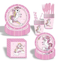 Assiettes, gobelets, serviettes, nappe et bannière jetables sur le thème de la licorne rose pour fête d'anniversaire – Fournitures de table