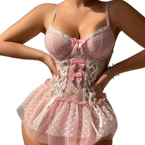 Nouvelle combinaison sexy en dentelle avec anneaux en acier, nœud et jarretière, en maille transparente, lingerie féminine très tendance - Product Image 5