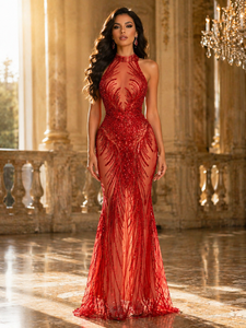 Abito a colonna elegante senza maniche con <span class=keywords><strong>tulle</strong></span> <span class=keywords><strong>trasparente</strong></span> e decorazioni verticali di perline. - Product Image 1