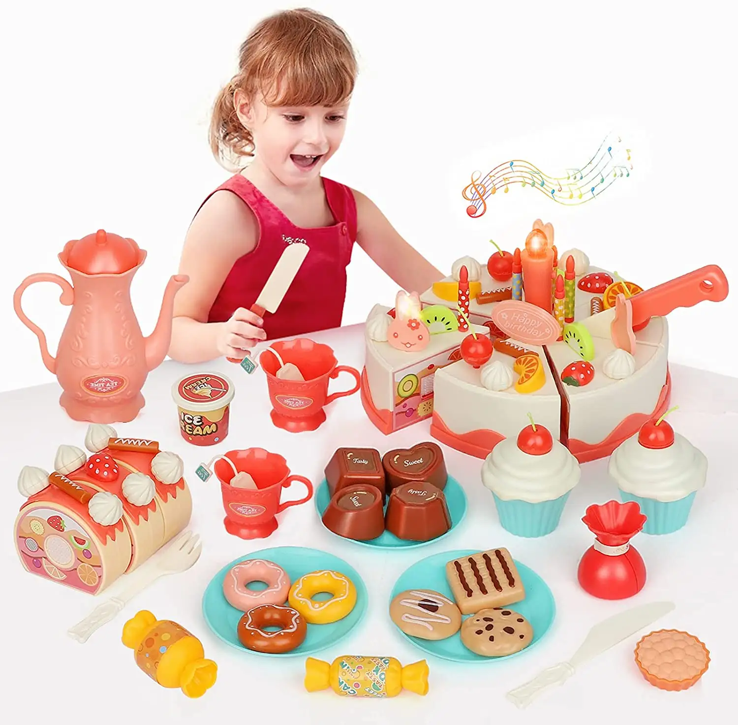 Birthday Cake Toy for Kids Pretend Play Food Set with Light, 83Pcs DIY Cutting Toy, Tea Party Set for Kids