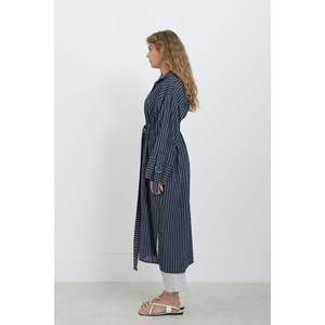 Puane Women's Elegant <b>Navy</b> Blue Striped Tunic Shirt with Adjustable Belt and <b>Tie</b>-Detail Sleeves for Casual and Office Wear - Product Image 2