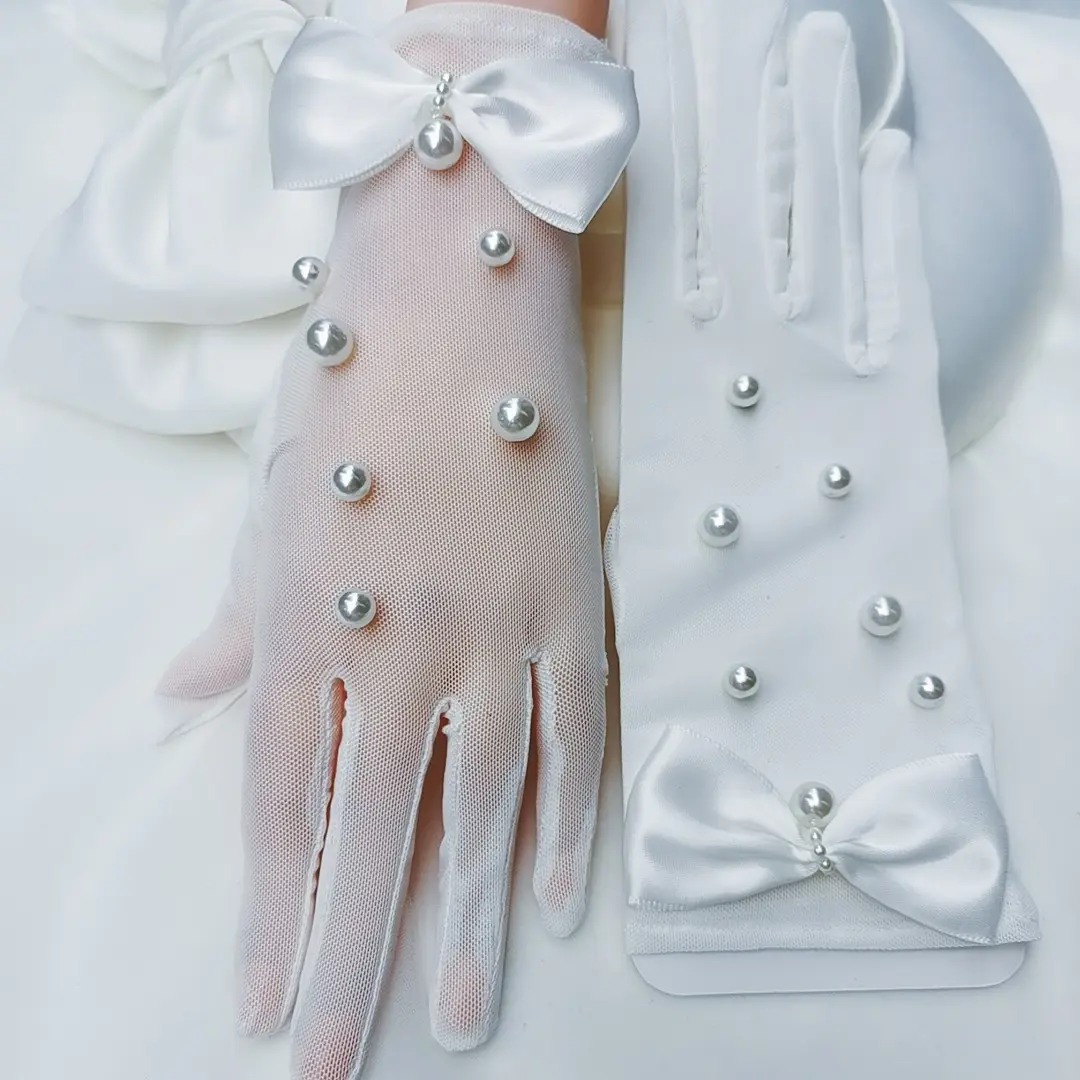 Luxus lange Spitze Braut Braut handschuhe Hochzeits handschuhe weiße Hochzeit Brautkleid kurze Perle Bogen Handschuhe Braut