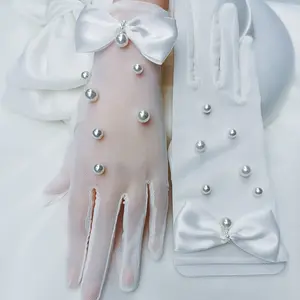 luxury long lace bride bridal gloves wedding gloves white wedding bridal gown short pearl bow gloves bride