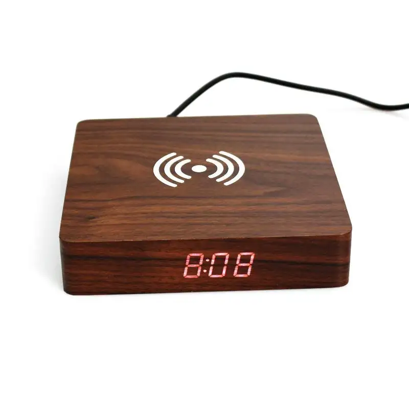 Desk Alarm Clock Wooden Wireless Charger with Large Display Time and Temperature