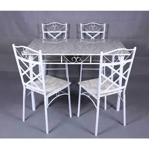 Tavolo da pranzo bianco estensibile con piano in legno MDF moderno in metallo con 1 tavolo da pranzo e 4 sedie a cuscino DS-912