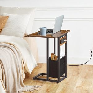 Foldable Side <b>Table</b> With Storage Basket Coffee Brown <b>C</b> <b>Shaped</b> Desk For Bedroom And Living Room - Product Image 1