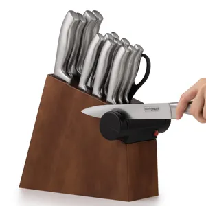 2段電動ナイフ研ぎ器付き卸売カスタム木製包丁ブロックセット