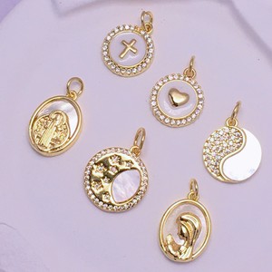 Pendentif rond plaqué or avec zircon, croix, cœur, lune, étoiles, yin yang, Vierge Marie, charme religieux pour collier de bijoux DIY - Product Image 4