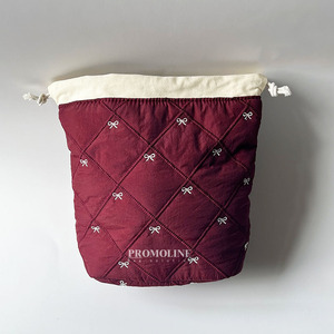 Burgundy Quilted <b>Drawstring</b> Cosmetic Bag Polyester Embroidery Bow Knot Toiletry <b>Pouch</b> Large Capacity Makeup Organizer Case - Product Image 5