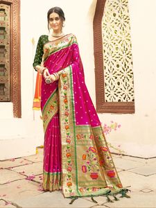 Soft Pethani Silk <b>Saree</b> with Zari and Meenakari Design Stunning Pallu Meenakari Border Tassels Party Wear <b>Blouse</b> for Women - Product Image 4