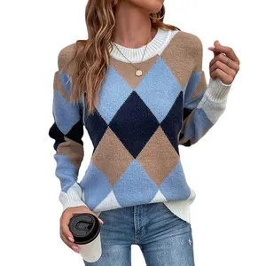 Pabrik kustom kasual Rhomboid wanita Sweater rajut musim dingin lengan panjang wanita Sweater Pullover