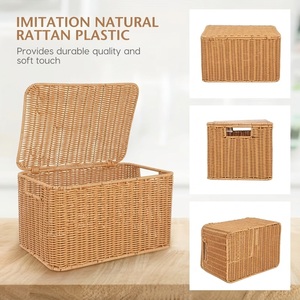 Caja Organizadora Rectangular de Plástico con Tapa, Imitación Ratán, para Baño, <span class=keywords><strong>Cesta</strong></span> de Almacenamiento Tejida con Borde y Asas Resistentes - Product Image 5