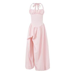 เดรสยาวสีชมพูหวานสไตล์ฝรั่งเศส คอ halter ป้องกันไฟฟ้าสถิต ผ่าสูง เอวสูง ผ้าโพลีเอสเตอร์สีพื้น สำหรับผู้หญิง คอลเลคชั่นฤดูใบไม้ผลิใหม่ - Product Image 3