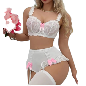 Conjunto de sujetador y bragas de encaje sólido con aros, transpirable, con tirantes ajustables y tanga de talle bajo para mujer, ideal para busto pequeño. - Product Image 4