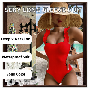 Traje de Baño Entero Sexy para Mujer, Manga Larga, Espalda Descubierta, Color Sólido, Spandex/Nylon, Impermeable - Product Image 2