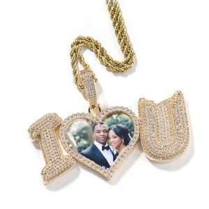 Regalo personalizzato per anniversario di matrimonio personalizzato con <span class=keywords><strong>cuore</strong></span> d'oro rosa con borchie "i Love u" foto ciondoli personalizzati con zircone CZ ghiacciato - Product Image 1