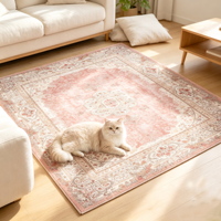Tapis de sol vintage en polyester lavable, motif médaillon persan rose poudré, effet vieilli, pour la décoration intérieure