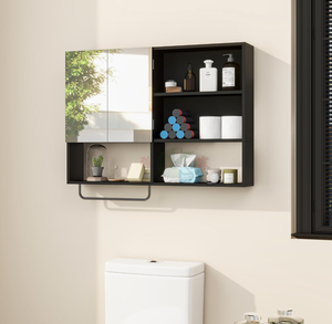 Armoire murale <span class=keywords><strong>de</strong></span> salle <span class=keywords><strong>de</strong></span> bain en bois noir avec étagères réglables, portes doubles, miroir et porte-serviettes, <span class=keywords><strong>rangement</strong></span> au-dessus des toilettes - Product Image 2