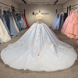 6938 Sky Blue Off Shoulder Tulle Gown Pearl Beaded Bodice Layered Tulle Skirt Ready For Ceremony - Product Image 4