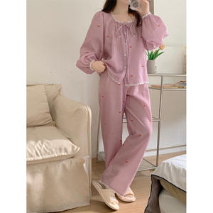 Pijamas de Algodón Transpirable para Mujer, Estilo Coreano, Rayas Simples, Lazo con Encaje, Logotipo Frontal, Ropa de Dormir Informal y Holgada - Product Image 4