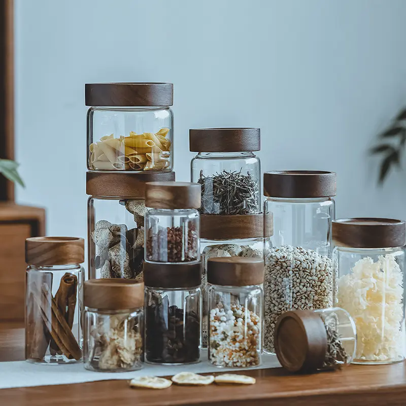 Tarro de almacenamiento de alimentos de vidrio con tapas de Acacia Botes de vidrio transparente sellados herméticos Contenedor de almacenamiento de alimentos de cocina