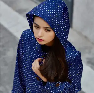 Fashionable popular design navy blue simple high quality ladies long rain coat with hood