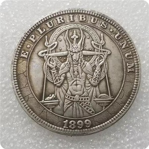 Pièce de monnaie Hobo Morgan Silver Dollar Anubis égyptien de 1899. Réplique en laiton plaqué argent - Product Image 1